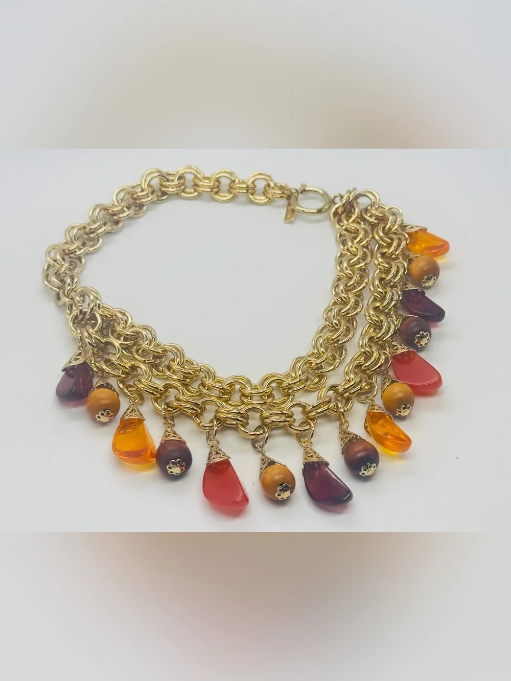 Jewelmint Foliage Drop Choker Necklace Gold Tone Chain Two Strand Faux Gemstone